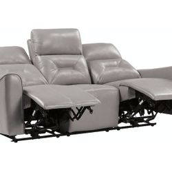 Lexicon Burwell 81.5" Faux Leather Power Double Reclining Sofa in Light Gray