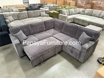 New! Dark Grey Sectional Sofa Bed With Pull-out Sleeper Bed, Sofabed, Sectional Sofa Bed, Sectional With USB PORT And Cupholders, Sofa,Sectional Couch