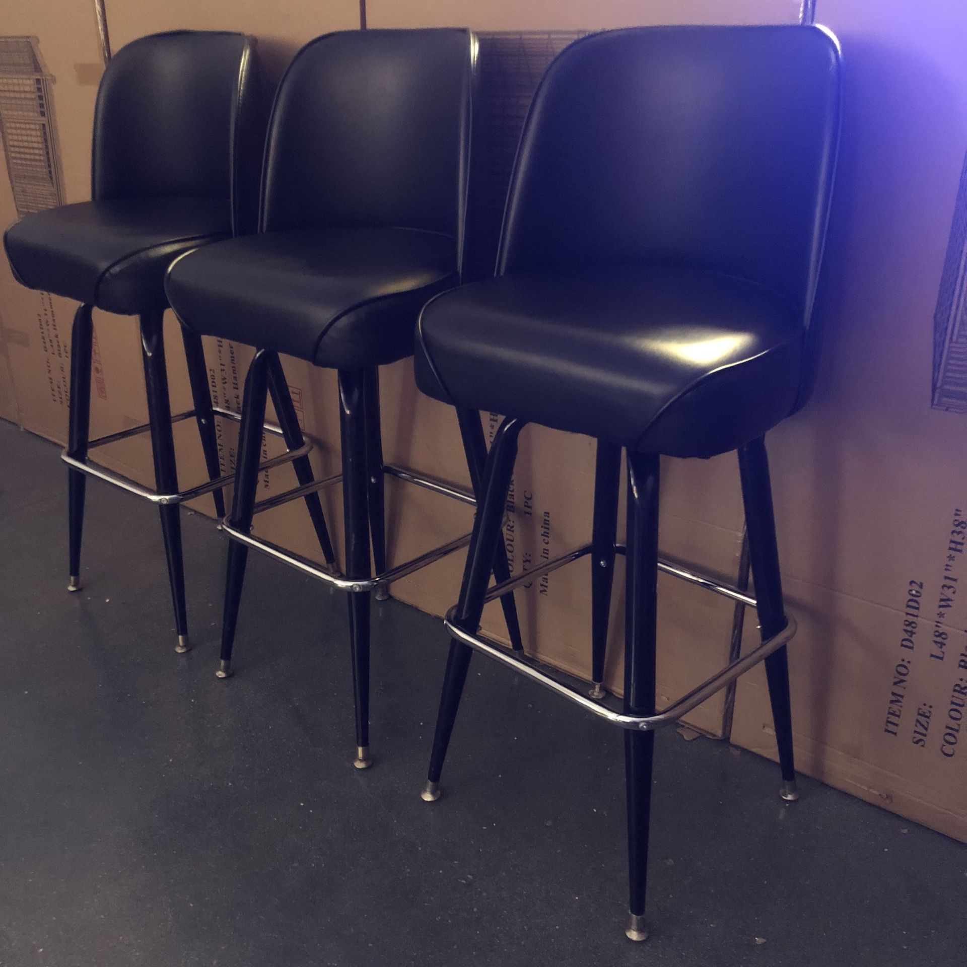 MCM Style Black Vinyl Swivel Barstools - Set of 3