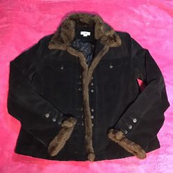 CATO Large Black Snap Front Jacket, Corduroy, Brown Faux Fur Trim