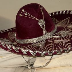 Mexican velvet Burgundy Silver Hat