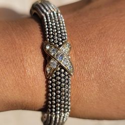 Vtg Silver Tone Beaded And Rhinestone Beacelet Stretchable