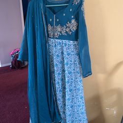 Pakistani Dress Suit Indian Dress Blue Light Blue Anarkali With Sleeves Dupatta 2 Pc Salwar Kameez  Size Small (34)