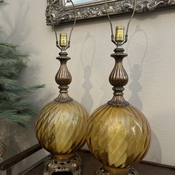 Vintage Hollywood Regency Mid Century Modern Amber Glass Lamps