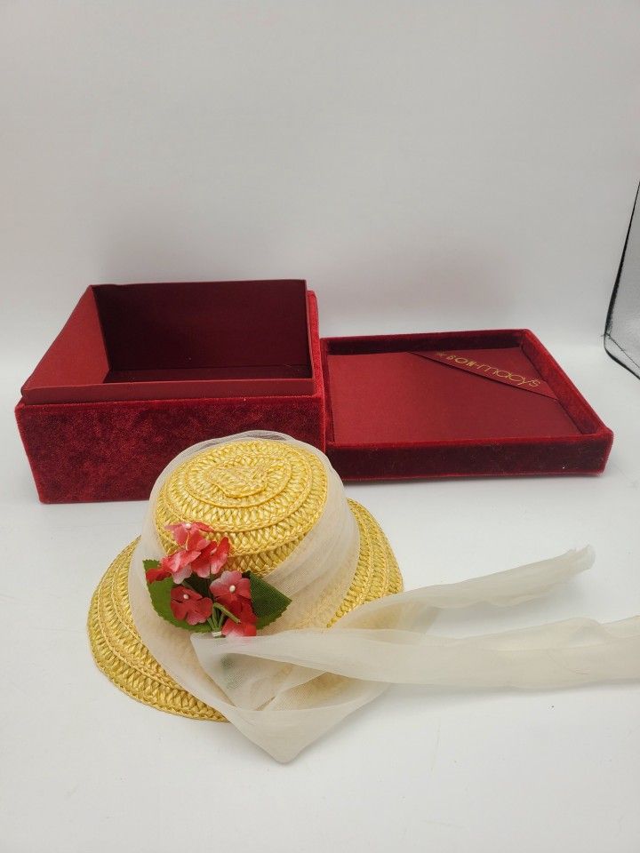 Yellow Straw Vintage Doll Hat with Red Flowers & Sheer Ribbon – Macy’s Hat Box