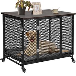 Dog Crate Furniture Movable Side End Table Indoor Dog Kennel for Small Medium Large Dogs Double-Doors Wooden Dog House with Cushion, Tray, Wire Floor(