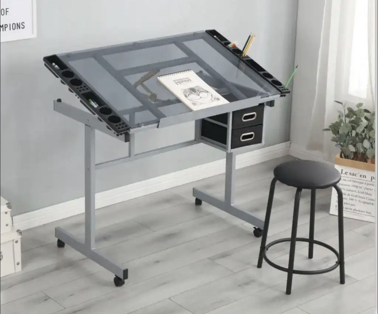 Adjustable Drafting Table with Stool