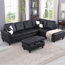 Black Leather - Sectional Sofa New 