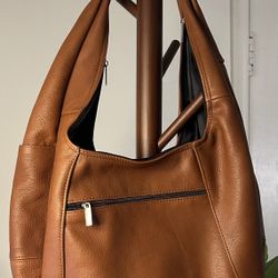 Brown Boho Shoulder Tote Bag | Extended Top Zip Zipper, Large Pocket | Leather