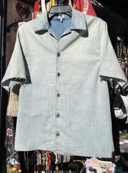 NWT LOEWE Anagram Light Wash Denim Short-Sleeve Embroidered Shirt Size 44