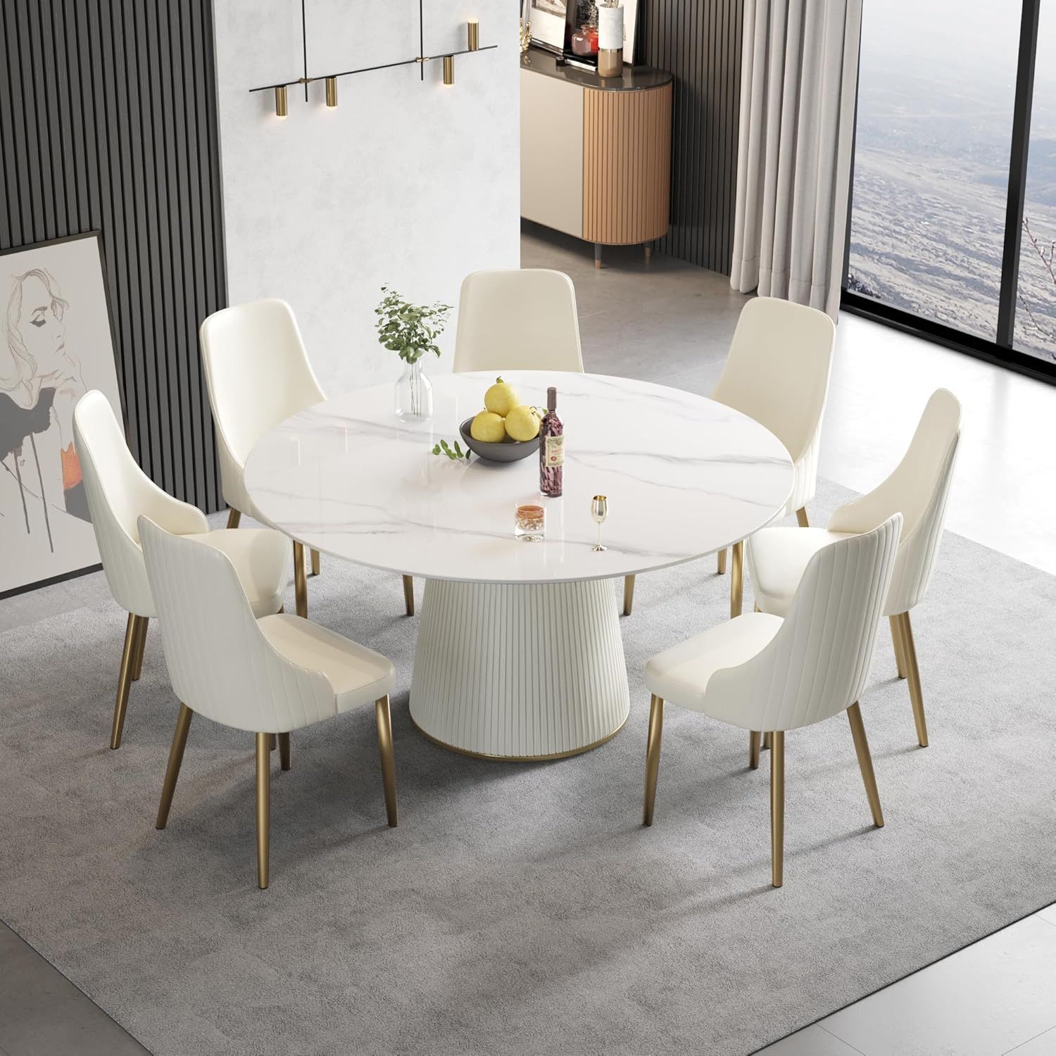 Round Dining Table for 8, Sintered Stone Tabletop with Solid Wooden Frame, 59" White Dining Table for Dining Room Kitchen 59"D Only Table