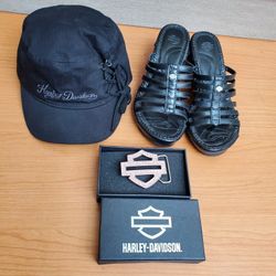 New Harley Davidson Women's Size 5.5 Leather Shoes Sandals Laces  Hat & Pink Bling Belt Buckle 