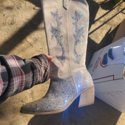 Madden NYC Women's Flexible Outsole Western Mid-calf Cowboy Boots, Medium Block Glitter Tan