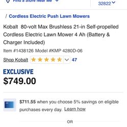 Kobalt 80-volt Max Brushless 21-in Self-propelled Cordless Electric Lawn Mower 4 Ah (Battery & Charger Included) Item #1438126 Model #KMP 4280D-06