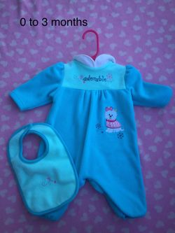 Baby girl blue outfit one piece with bib 0-3 months okie dokie