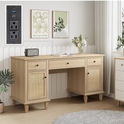 58" Modern Executive Desk with Natural Rattan Door, Boho Writing Desk with 3 Drawers & 2 Cabinet for Study, Work, Computer, Golden Oak