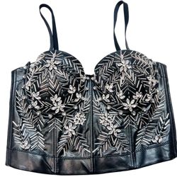 Windsor Halter Corset Top XS Black PU Leather Spaghetti Strap Beaded Rhinestoned
