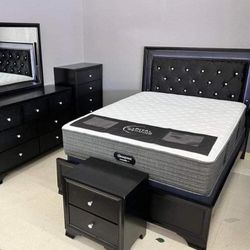 Micah Black LED Upholstered Panel Bedroom Set Queen Or King Set Bed, Dresser, Mirror, Nightstand, Chest 