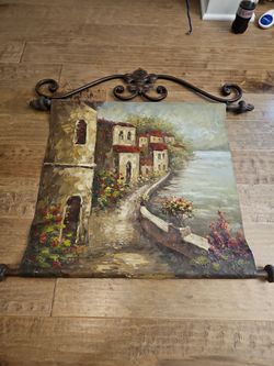 Mediterranean Village Oil Painting with Iron Scroll Hanger