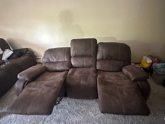 Brown Faux Leather Reclining Sofa with Nailhead Trim
