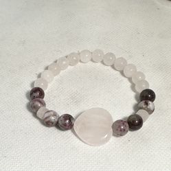 Rose Quartz, Red Tourmaline Heart Stretch Bracelet