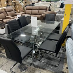 Modern Glass Dining Table with 6 Chairs / Mesa de comedor moderna de vidrio con 6 sillas