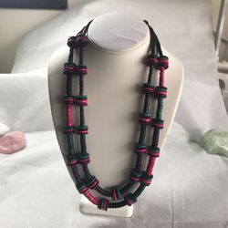 Wooden Beads, Handmade , Hot Pink , Green And Black , Clasp Is Gold Tone