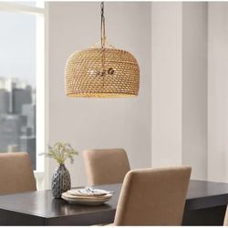 New18” W  2-Light Black Shaded Pendant Light with Natural Woven Shade, Adjustable Height 