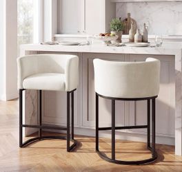 Counter Height Bar Stools Set of 2, 26" Kitchen Island Stools with Arms & Footrest, Upholstered Barrel Back Bar Chairs for Kitchen， Dining Room, Bar &