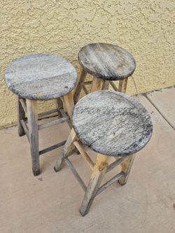 Set Of 3 Vintage Round Wooden Bar Stools - Functions Perfectly!  Can Sand & Repaint to make it look nicer