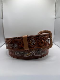 Size 36 Hand-Tooled Leather Western Belt with Eagle Design