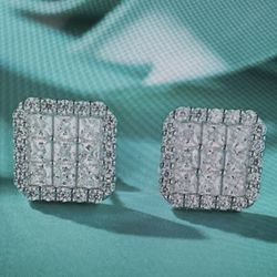 Men Princess Cut Moissanite Hip-Hop  .925 Sterling Silver Stud Earrings. SG-0110