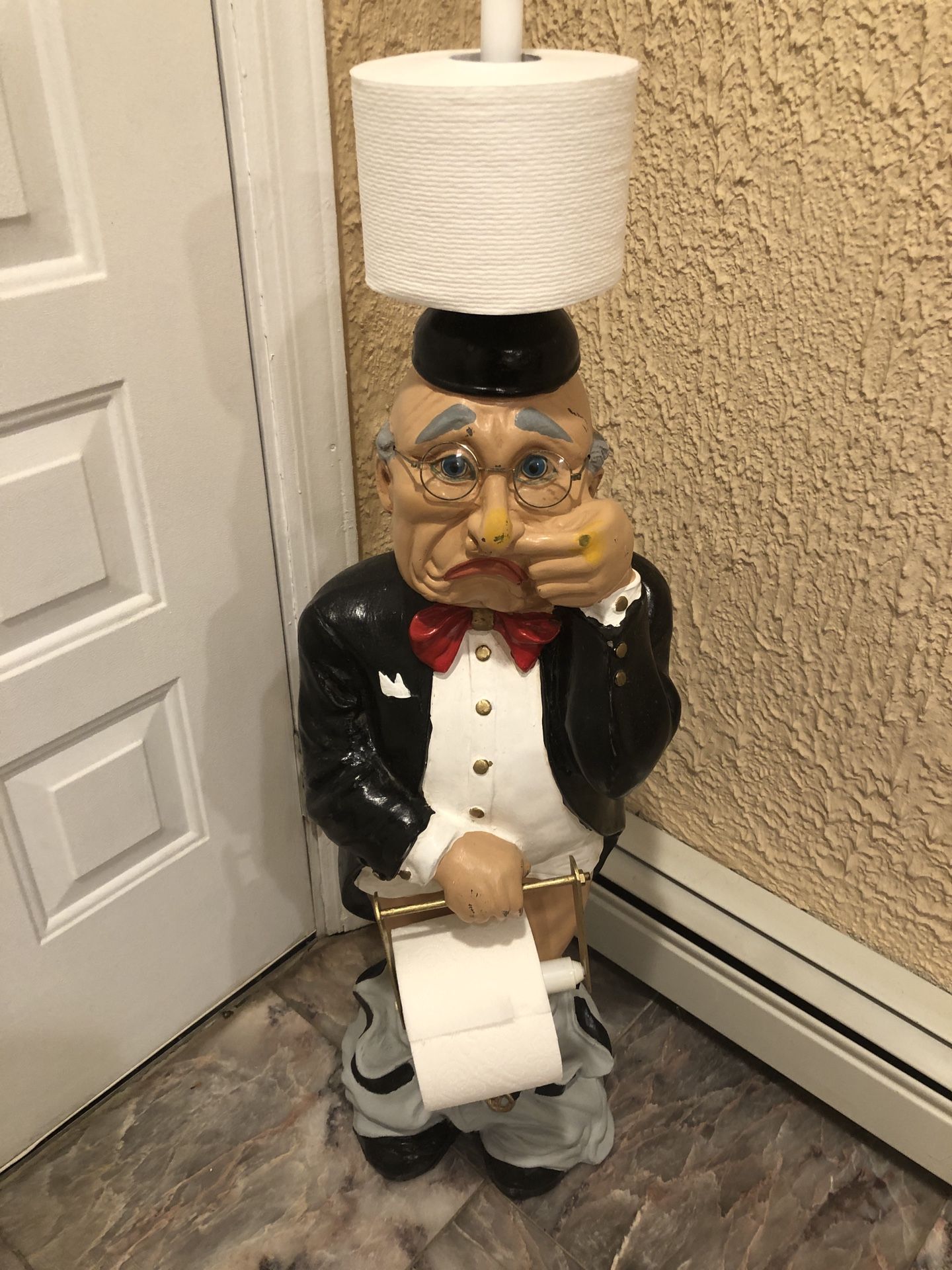 Mr. Stinky Toilet Paper Holder Resin , Butler Pants Down Holding Nose 31” Tall