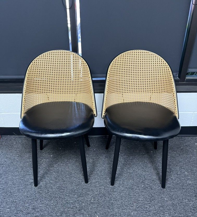 Dining Chair with PE Rattan Back & PU Leather Upholstered (Set Of 2)