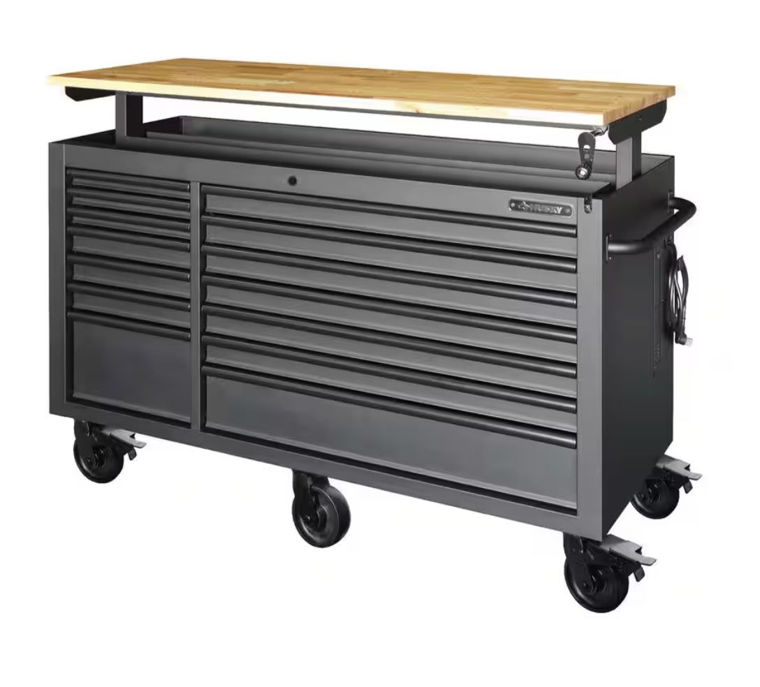 Husky Tool Storage 62 in. W Heavy Duty Matte Black Mobile Workbench Cabinet with Adjustable Height Wood Top Retail price $1300 Your price $1100