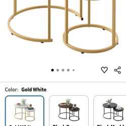 aboxoo Coffee Table Nesting White Set of 2 Side Set Golden Frame Circular Round and Marble Pattern Wooden Tables, Living Room Bedroom Apartment Modern