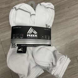 NWT RBX Men's White Athletic Cushioned Quarter Socks - 15 Pair
