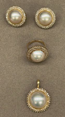 Gold  and Pearls Earrings, Ring and Charm Set.
