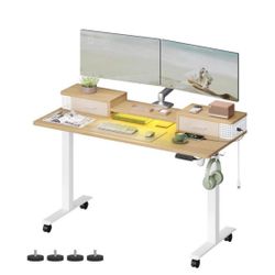Electric Standing Desk with Drawers, Sit Stand Desk with Built-in Power Strip, Adjustable Height, 23.6 x 55.1 Inches, 2 Hooks, Memory Fun