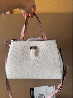 Guess New White & Blush Pink Monogram Satchel Crossbody Handbag