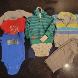 Lot of 8 Baby Boy Clothing Size 6 Month Onesie Bodysuit Hooded Zippered Jacket Pants Romper
