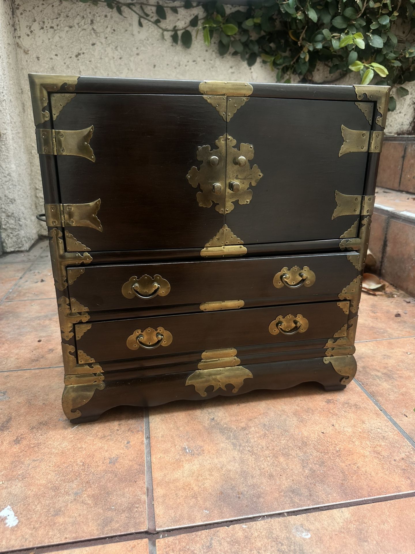 Super Rare Korean Tansu END TABLES jewelry Chest IMPORTS VINTAGE red velvet