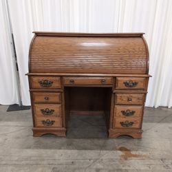 Oak Roll-Top Desk with Metal Pulls