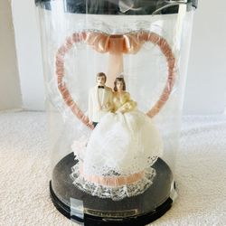 MCM 1960s Wedding Cake Topper Bride & Groom-Heart & Lace-New Old Stock-Hand Painted Details