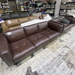 Brown Leather Living Room Sofa