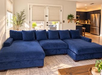 Oversized Navy Blue Corduroy U-Shaped Sectional