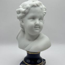 Vintage Child Porcelain Bust Sculpture Colbalt Blue Base Limoges France Cherub