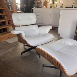 Mid Century Genuine Leather Recliner Lounge Chair With Ottoman Solid Wood Frame Accent Chair