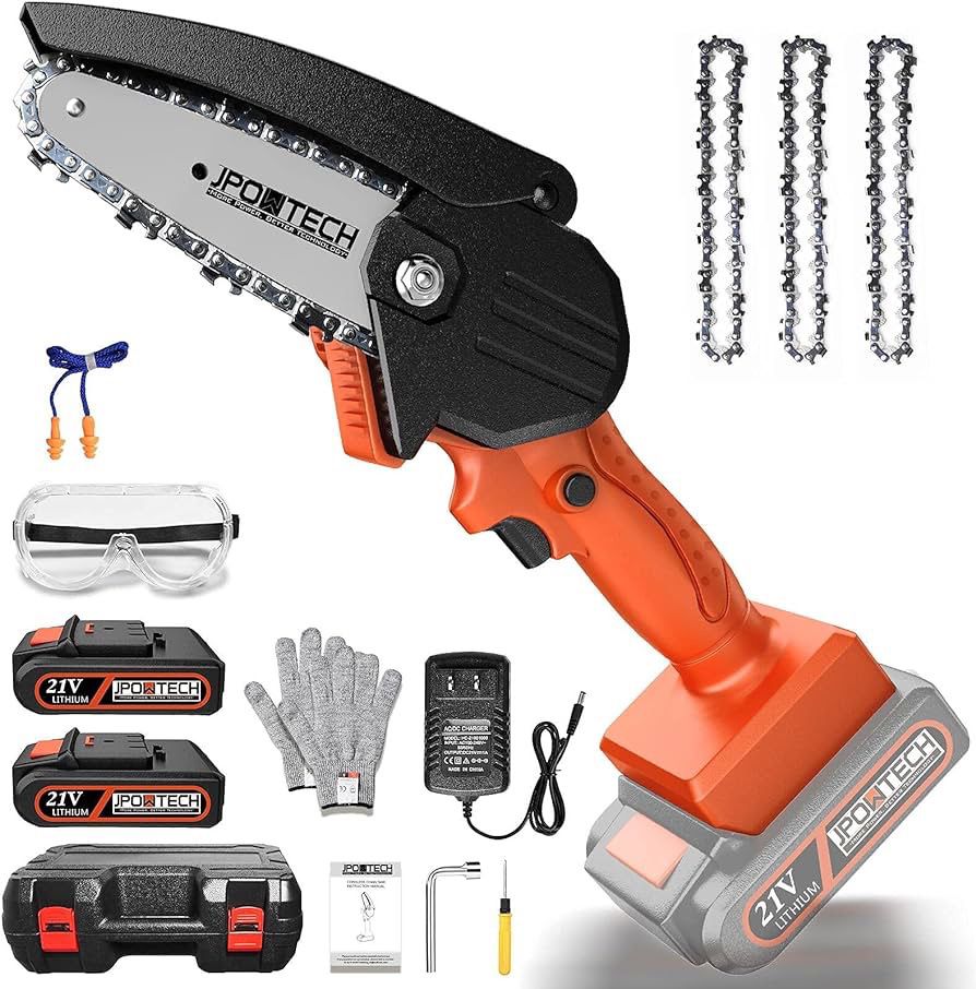  Mini Chainsaw, Upgraded 4 Inch Cordless Small Chain Saw with 3Pcs Chains & 2Pcs 21V Rechargeable Batteries Portable One Hand Electric Chainsaw for Br