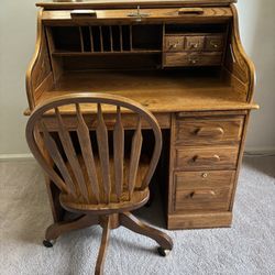Vintage Winners Only Oak Roll Top Desk 42W With A Vintage Oak Spindle Back Swivel Desk Chair, excellent condition.